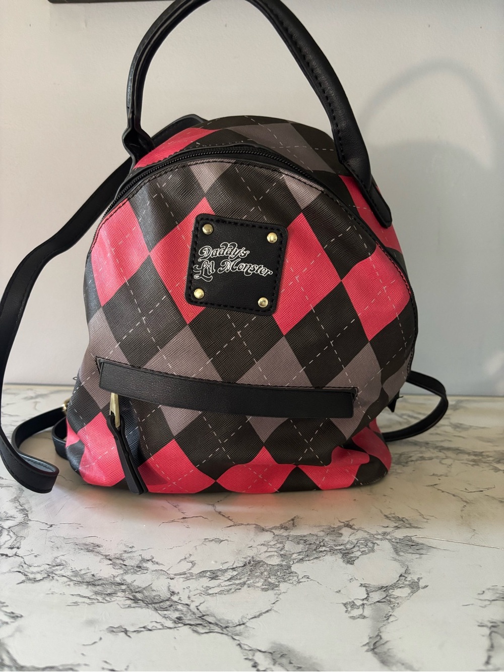 Daddy's Lil Monster Red, Black & Gray Argyle Mini Backpack